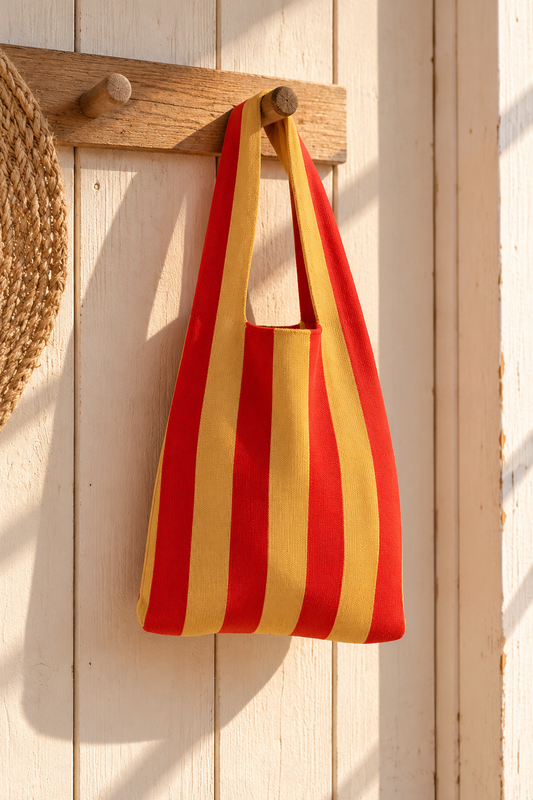 Sac rayé beige et rouge